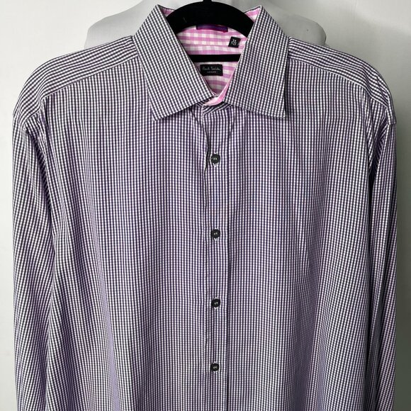 Paul Smith Men's Purple White Checkered Button Down Long Sleeve Shirt 17 1/2 - Picture 2 of 9